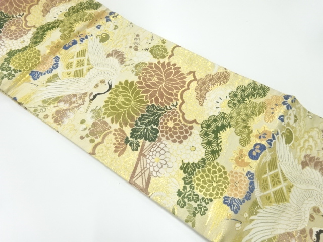 JAPANESE KIMONO / ANTIQUE MARU OBI / WOVEN CRANE WITH UME & KIKU